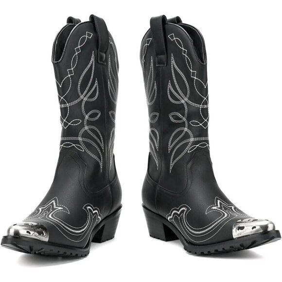 Men\'s Black Western Cowboy Retro Classic Embroidered Pull On Durable Boots